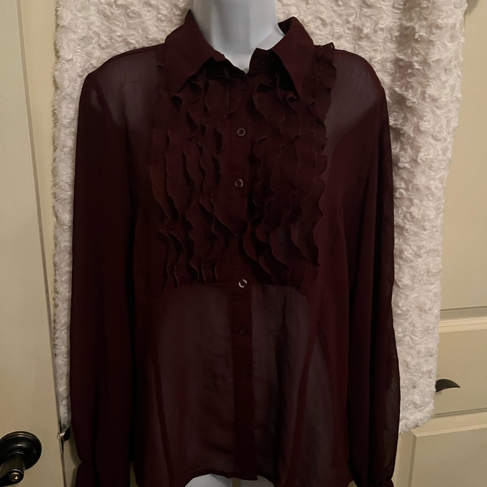 Apostrophe ruffled sheer blouse